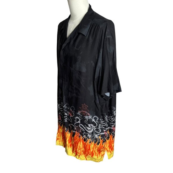Vintage 90s Button Up Short Sleeve Club Shirt 2XLT Black Flames Dragon Pocket - Picture 4 of 7